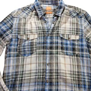 HUGO BOSS Mens Slim Fit Plaid Button‎ Down Shirt Blue Grey White Size M
